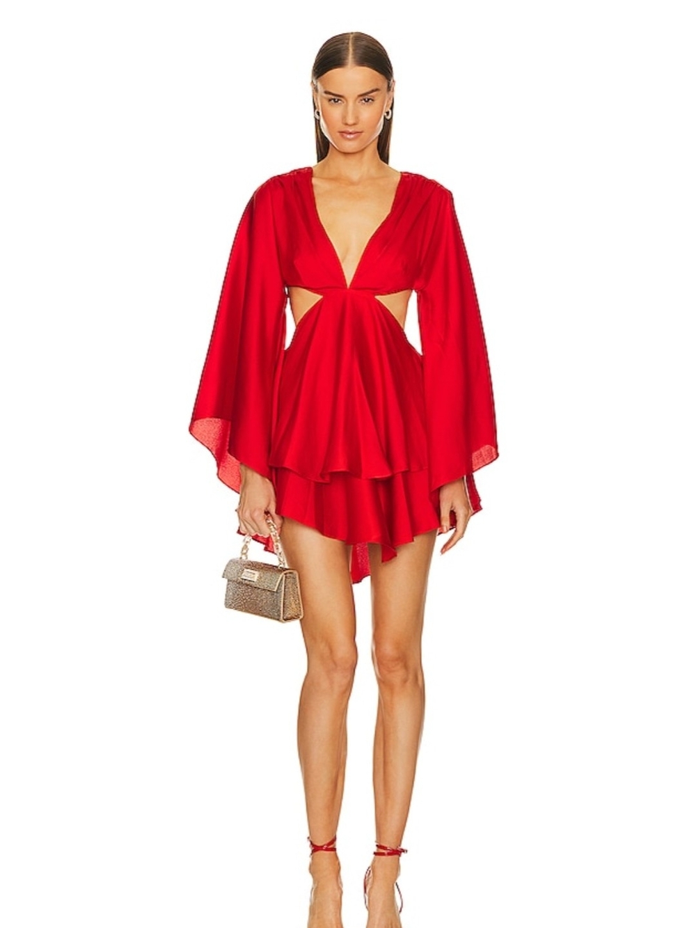 Bold Red Cutout Mini Dress with Tiered Skirt and Flowing Sleeves
